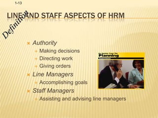 Line and Staff Aspects of HRMDefinitionAuthorityMaking decisions Directing workGiving ordersLine Managers Accomplishing goalsStaff Managers Assisting and advising line managers 
