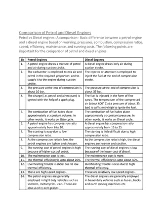 Comparison ofPetrol and Diesel Engines
Petrol vs Diesel engines: A comparison - Basic difference between a petrol engine
and a diesel engine based on working, pressures, combustion, compression ratios,
speed, efficiency, maintenance, and running costs. The following points are
important for the comparison of petrol and diesel engines:
SN Petrol Engines Diesel Engines
1. A petrol engine draws a mixture of petrol
and air during suction stroke.
A diesel engine draws only air during
suction stroke.
2. The carburetor is employed to mix air and
petrol in the required proportion and to
supply it to the engine during suction
stroke.
The injector or atomiser is employed to
inject the fuel at the end of compression
stroke.
3. The pressure at the end of compression is
about 10 bar.
The pressure at the end of compression is
about 35 bar.
4. The charge (i.e. petrol and air mixture) is
ignited with the help of a spark plug.
The fuel is injected in the form of fine
spray. The temperature of the compressed
air (about 600° C at a pressure of about 35
bar) is sufficiently high to ignite the fuel.
5. The combustion of fuel takes place
approximately at constant volume. In
other words, it works on Otto cycle.
The combustion of fuel takes place
approximately at constant pressure. In
other words, it works on Diesel cycle.
6. A petrol engine has compression ratio
approximately from 6 to 10.
A diesel engine has compression ratio
approximately from 15 to 25.
7. The starting is easy due to low
compression ratio.
The starting is little difficult due to high
compression ratio.
8. As the compression ratio is low, the
petrol engines are lighter and cheaper.
As the compression ratio is high, the diesel
engines are heavier and costlier.
9. The running cost of petrol engines is high
because of higher cost of petrol.
The running cost of diesel engines is low
because of the lower cost of diesel.
10. The maintenance cost is less. The maintenance cost is more.
11. The thermal efficiency is upto about 26%. The thermal efficiency is upto about 40%.
12. Overheating trouble is more due to low
thermal efficiency.
Overheating trouble is less due to high
thermal efficiency.
13. These are high speed engines. These are relatively low speed engines.
14. The petrol engines are generally
employed in light duty vehicles such as
scooters, motorcycles, cars. These are
also used in aero planes.
The diesel engines are generally employed
in heavy duty vehicles such as buses, trucks
and earth moving machines etc.
 