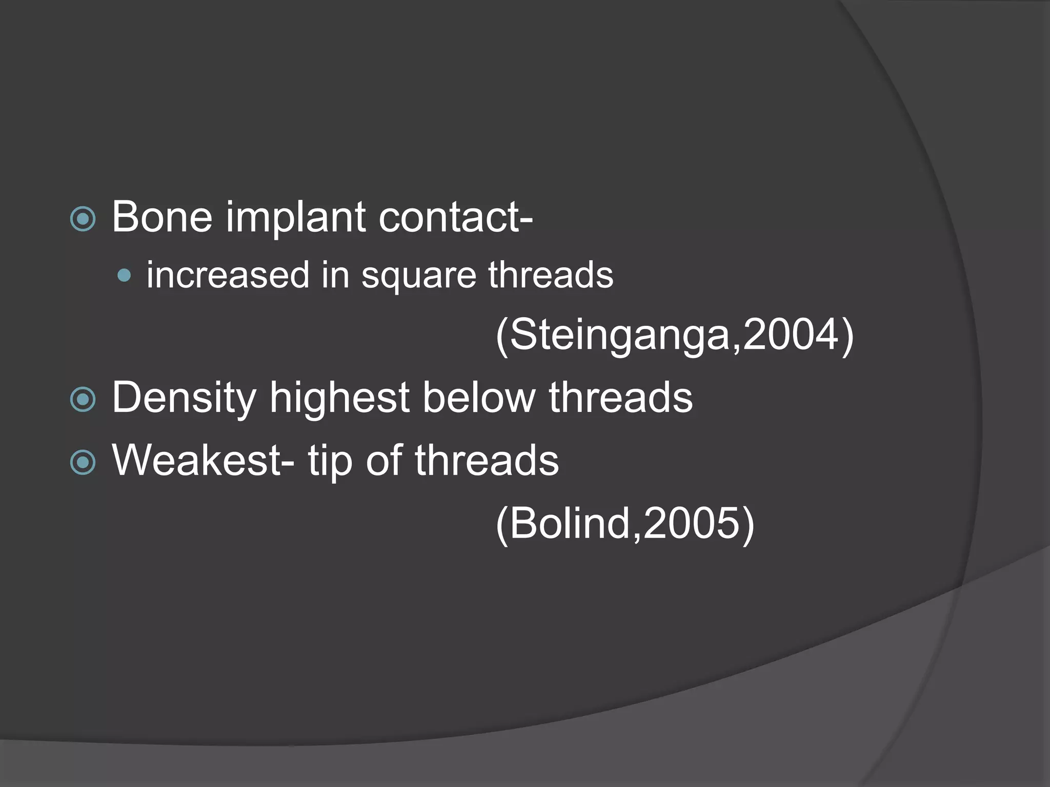  Bone implant contact-
 increased in square threads
(Steinganga,2004)
 Density highest below threads
 Weakest- tip of threads
(Bolind,2005)
 