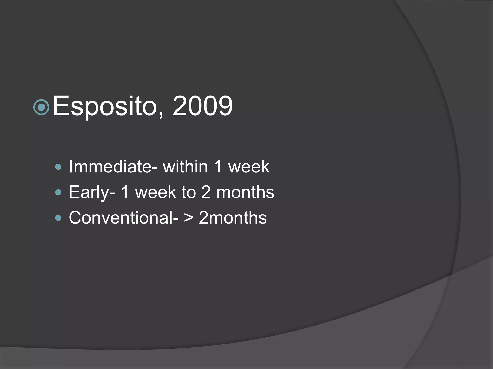 Esposito, 2009
 Immediate- within 1 week
 Early- 1 week to 2 months
 Conventional- > 2months
 