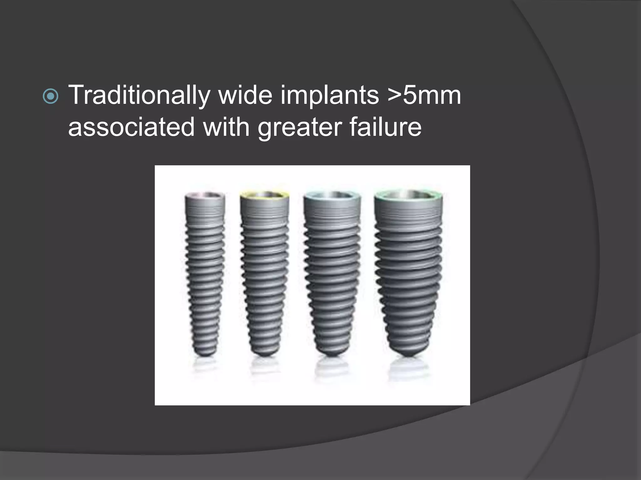  Traditionally wide implants >5mm
associated with greater failure
 