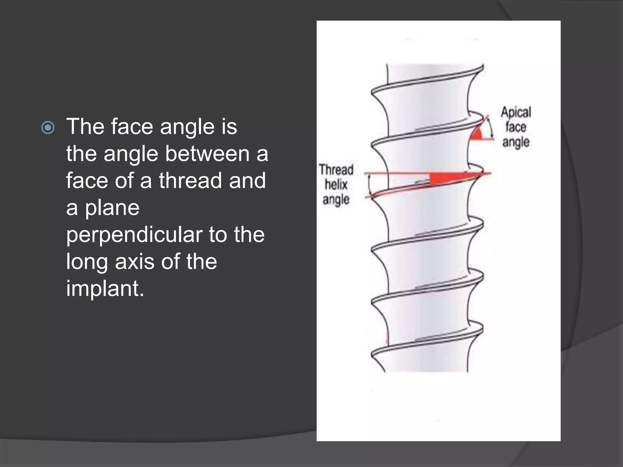  The face angle is
the angle between a
face of a thread and
a plane
perpendicular to the
long axis of the
implant.
 