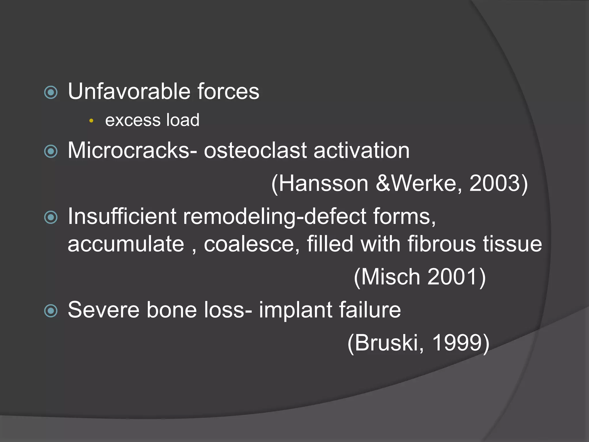  Unfavorable forces
• excess load
 Microcracks- osteoclast activation
(Hansson &Werke, 2003)
 Insufficient remodeling-defect forms,
accumulate , coalesce, filled with fibrous tissue
(Misch 2001)
 Severe bone loss- implant failure
(Bruski, 1999)
 