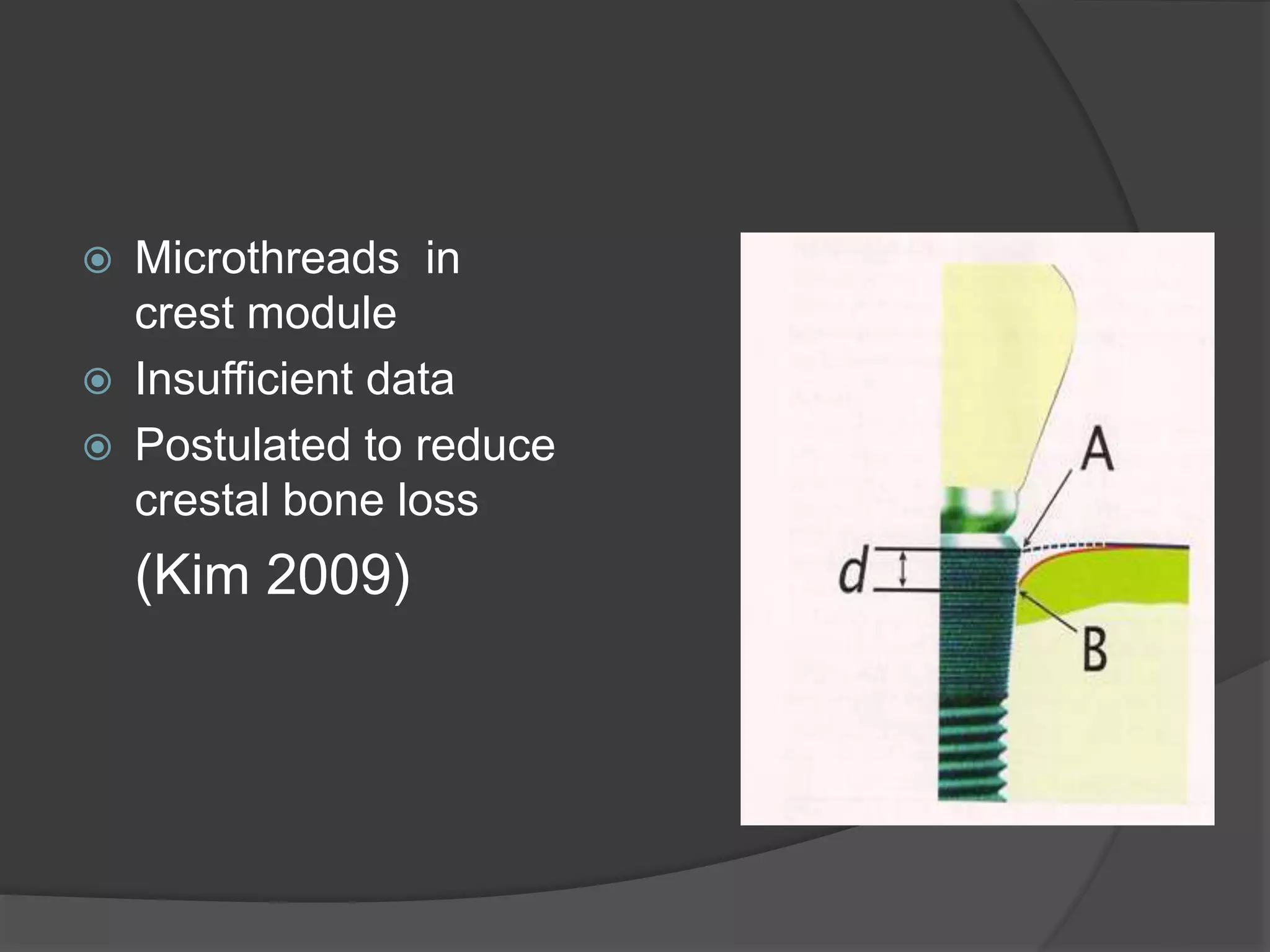  Microthreads in
crest module
 Insufficient data
 Postulated to reduce
crestal bone loss
(Kim 2009)
 