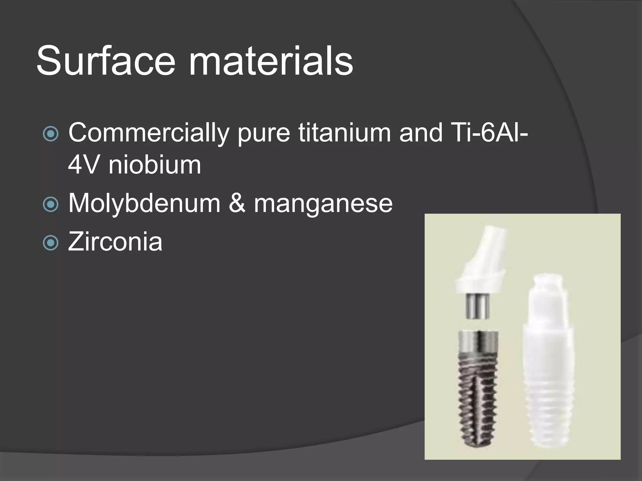 Surface materials
 Commercially pure titanium and Ti-6Al-
4V niobium
 Molybdenum & manganese
 Zirconia
 