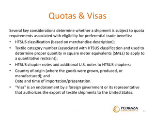 Quotas & Visas 
Several key considerations determine whether a shipment is subject to quota 
requirements associated with eligibility for preferential trade benefits: 
• HTSUS classification (based on merchandise description); 
• Textile category number (associated with HTSUS classification and used to 
determine proper quantity in square meter equivalents (SMEs) to apply to 
a quantitative restraint); 
• HTSUS chapter notes and additional U.S. notes to HTSUS chapters; 
• Country of origin (where the goods were grown, produced, or 
manufactured); and 
Date and time of importation/presentation. 
• “Visa" is an endorsement by a foreign government or its representative 
that authorizes the export of textile shipments to the United States. 
. 31 
 
