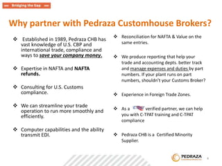 Why partner with Pedraza Customhouse Brokers? 
 Established in 1989, Pedraza CHB has 
vast knowledge of U.S. CBP and 
international trade, compliance and 
ways to save your company money. 
 Expertise in NAFTA and NAFTA 
refunds. 
 Consulting for U.S. Customs 
compliance. 
 We can streamline your trade 
operation to run more smoothly and 
efficiently. 
 Computer capabilities and the ability 
transmit EDI. 
 Reconciliation for NAFTA & Value on the 
same entries. 
 We produce reporting that help your 
trade and accounting depts. better track 
and manage expenses and duties by part 
numbers. If your plant runs on part 
numbers, shouldn’t your Customs Broker? 
 Experience in Foreign Trade Zones. 
 As a verified partner, we can help 
you with C-TPAT training and C-TPAT 
compliance 
 Pedraza CHB is a Certified Minority 
Supplier. 
. 4 
 
