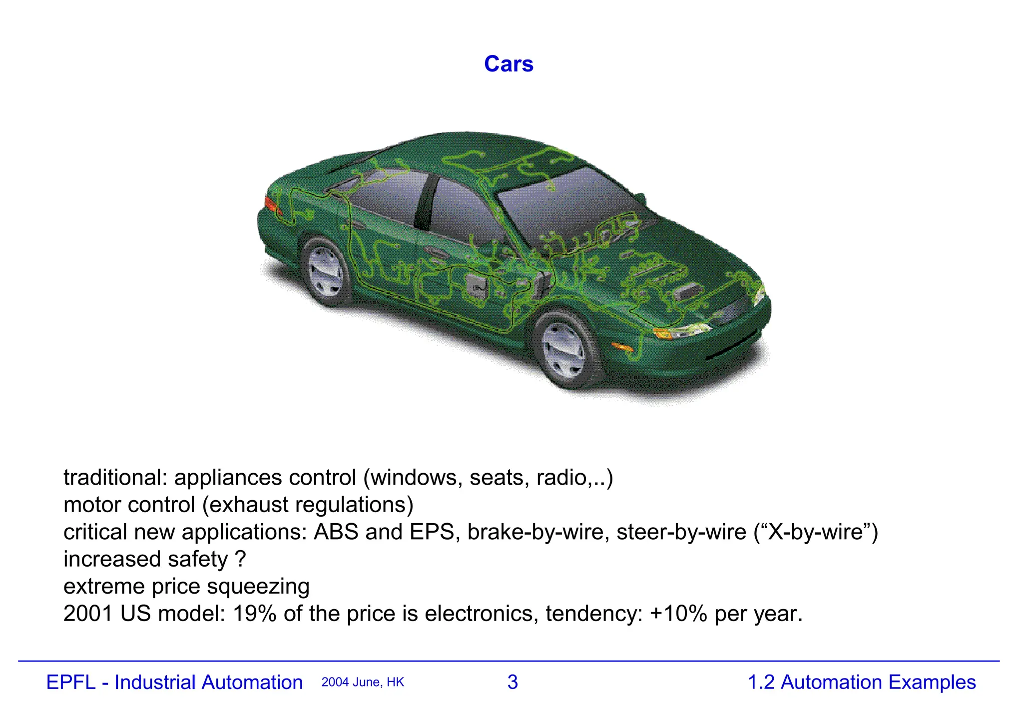 3
2004 June, HK 1.2 Automation Examples
EPFL - Industrial Automation
Cars
traditional: appliances control (windows, seats, radio,..)
motor control (exhaust regulations)
critical new applications: ABS and EPS, brake-by-wire, steer-by-wire (“X-by-wire”)
increased safety ?
extreme price squeezing
2001 US model: 19% of the price is electronics, tendency: +10% per year.
 