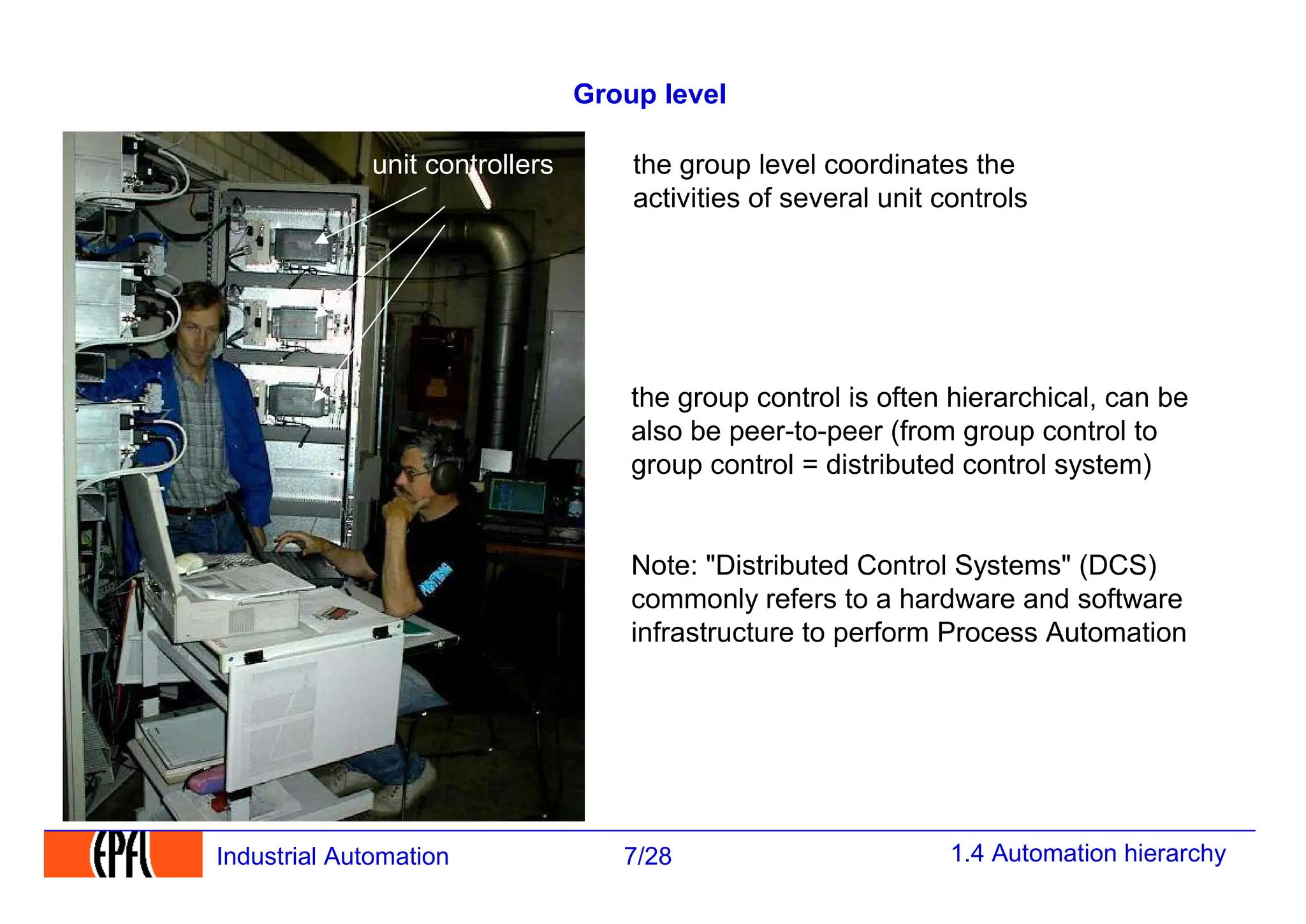 1.4 Automation hierarchy
7/28
Industrial Automation
Group level
the group level coordinates the
activities of several unit controls
the group control is often hierarchical, can be
also be peer-to-peer (from group control to
group control = distributed control system)
Note: "Distributed Control Systems" (DCS)
commonly refers to a hardware and software
infrastructure to perform Process Automation
unit controllers
 