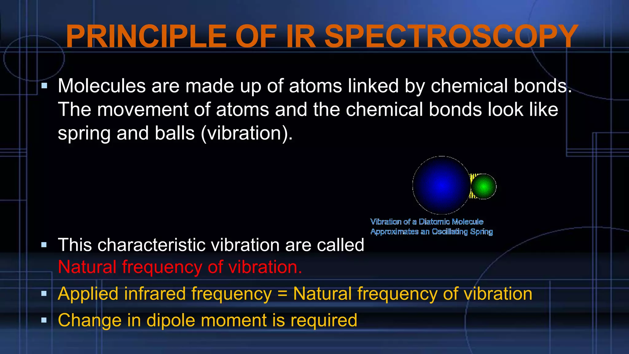 PRINCIPLE OF IR SPECTROSCOPY
 Molecules are made up of atoms linked by chemical bonds.
The movement of atoms and the chemical bonds look like
spring and balls (vibration).
 This characteristic vibration are called
Natural frequency of vibration.
 Applied infrared frequency = Natural frequency of vibration
 Change in dipole moment is required
 