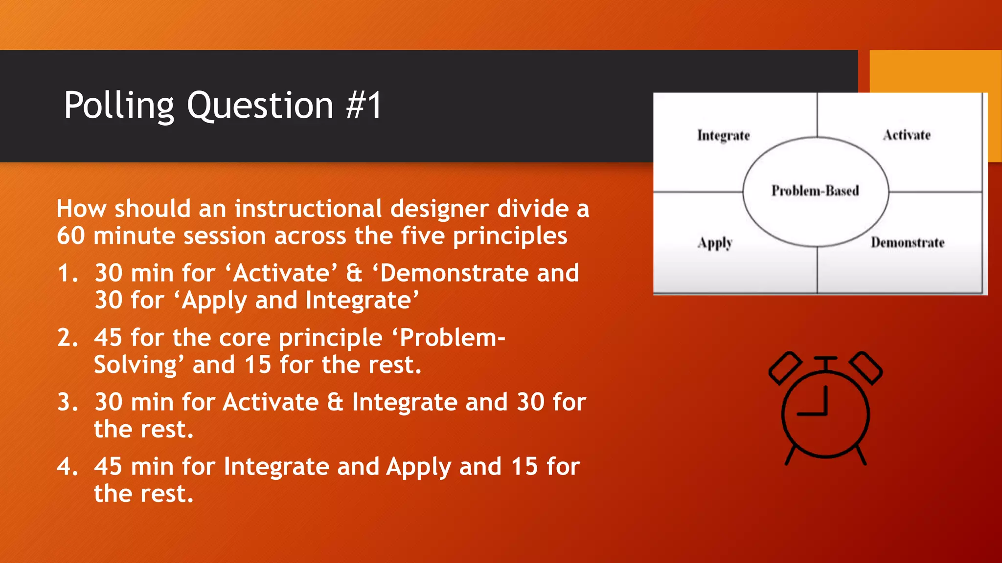 Polling Question #1
How should an instructional designer divide a
60 minute session across the five principles
1. 30 min for ‘Activate’ & ‘Demonstrate and
30 for ‘Apply and Integrate’
2. 45 for the core principle ‘Problem-
Solving’ and 15 for the rest.
3. 30 min for Activate & Integrate and 30 for
the rest.
4. 45 min for Integrate and Apply and 15 for
the rest.
 