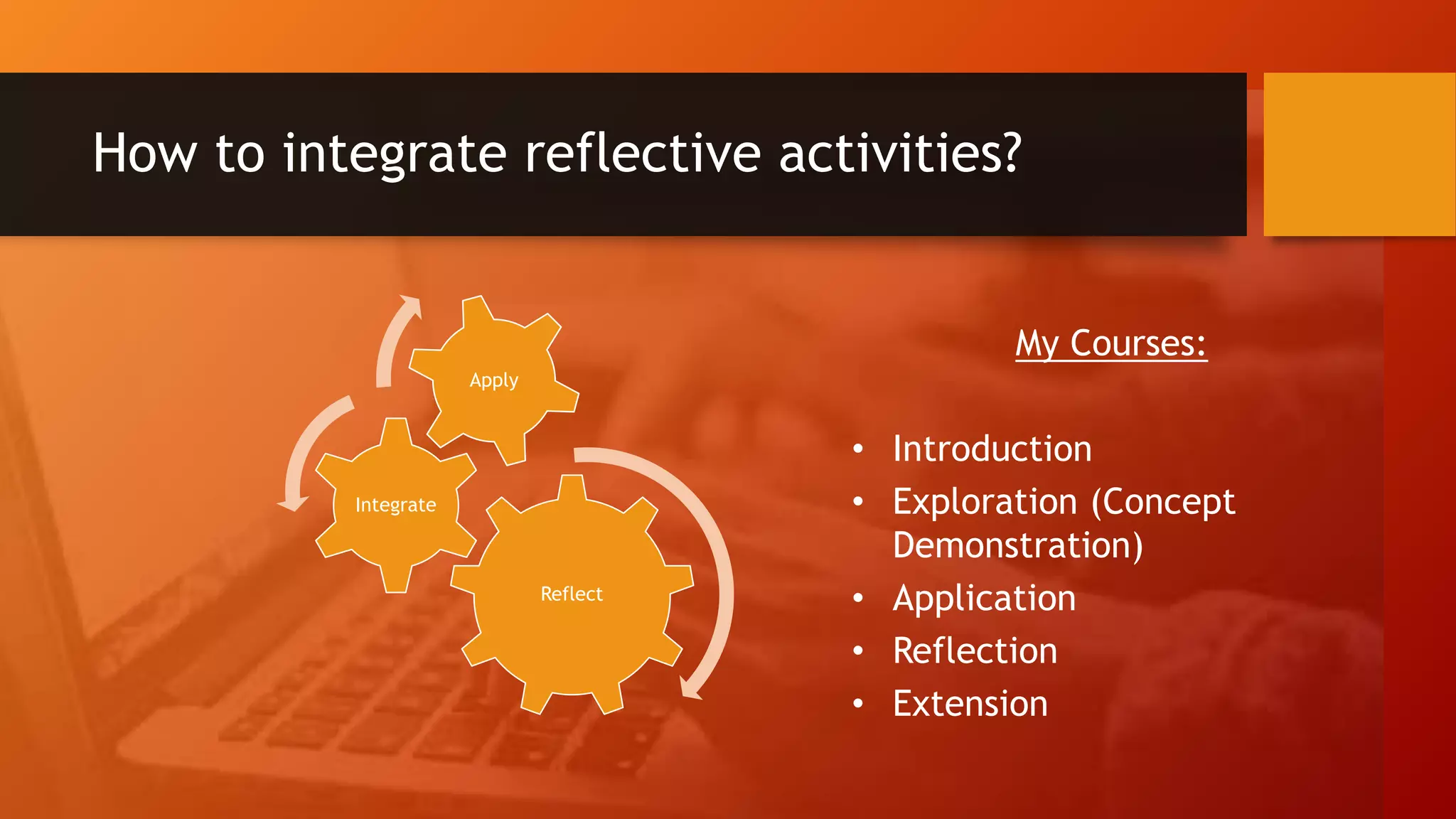 How to integrate reflective activities?
My Courses:
• Introduction
• Exploration (Concept
Demonstration)
• Application
• Reflection
• Extension
Reflect
Integrate
Apply
 