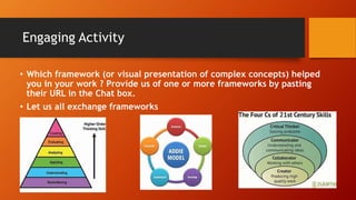 Engaging Activity
• Which framework (or visual presentation of complex concepts) helped
you in your work ? Provide us of one or more frameworks by pasting
their URL in the Chat box.
• Let us all exchange frameworks
 