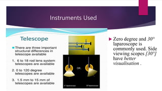 Instruments Used
 Zero degree and 30°
laparoscope is
commonly used. Side
viewing scopes [30°]
have better
visualisation .
 