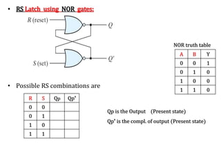 • RS Latch using NOR gates:
• Possible RS combinations are
R S Qp Qp’
0 0
0 1
1 0
1 1
A B Y
0 0 1
0 1 0
1 0 0
1 1 0
NOR truth table
Qp is the Output (Present state)
Qp’ is the compl. of output (Present state)
 