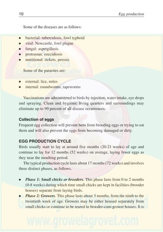 Egg marketing 9
When the temperature rises above 28° C the production and quality of eggs
decrease. Seasonal temperature increases can reduce egg production by about
10 percent.
Management factors. Effective and efficient management techniques are
necessary to increase the productivity of the birds and consequently increase
income. This entails not only proper housing and feeding, but also careful
rearing and good treatment of the birds.
Vaccination and disease control. Diseases and parasites can cause losses in
egg production.
Figure 2
Temperature and its effects on egg production
Source: Kekeocha, 1985.
Temperature (°C) Effects
11 – 26 Good production.
26 – 28 Some reduction in feed intake.
28 – 32
Feed consumption reduced and
water intake increased; eggs of reduced
size and thin shell.
32 – 35 Slight panting.
35 – 40
Heat prostration sets in, measures
to cool the house must be taken.
40 and above Mortality due to heat stress.
 