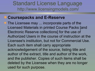 Standard License Language  http://www.licensingmodels.com/ Coursepacks and E-Reserve The Licensee may ... incorporate parts of the Licensed Materials in printed Course Packs [and Electronic Reserve collections] for the use of Authorized Users in the course of instruction at the Licensee's institution, but not for Commercial Use. Each such item shall carry appropriate acknowledgement of the source, listing title and author of the extract, title and author of the work, and the publisher. Copies of such items shall be deleted by the Licensee when they are no longer used for such purpose. 