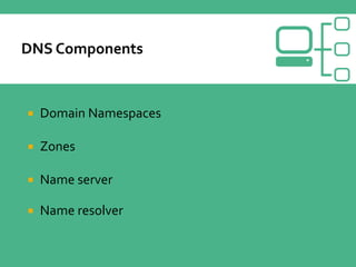  Domain Namespaces
 Zones
 Name server
 Name resolver
 