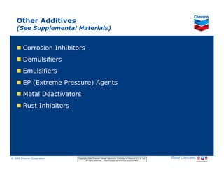 Other Additives
    (See Supplemental Materials)


           Corrosion Inhibitors
           Demulsifiers
           Emulsifiers
           EP (Extreme Pressure) Agents
           Metal Deactivators
           Rust Inhibitors




© 2006 Chevron Corporation                      Copyright 2006 Chevron Global Lubricants, a division of Chevron U.S.A. Inc.   Global Lubricants
11/06 JobbersChevronPhaseI   LubAdd   RFarina          All rights reserved. Unauthorized reproduction is prohibited.
 