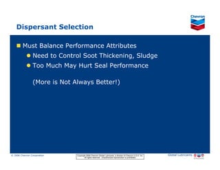 Dispersant Selection

           Must Balance Performance Attributes
                     Need to Control Soot Thickening, Sludge
                     Too Much May Hurt Seal Performance

                     (More is Not Always Better!)




© 2006 Chevron Corporation                      Copyright 2006 Chevron Global Lubricants, a division of Chevron U.S.A. Inc.   Global Lubricants
11/06 JobbersChevronPhaseI   LubAdd   RFarina          All rights reserved. Unauthorized reproduction is prohibited.
 