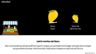 www.edureka.co
LookformorethanJustColours
Always
Sweet
Sweet only
Half of the Time
Afteralotofponderingandtastingdifferenttypesofmangoes,youconcludedthatthebiggerandbrightyellowmangoes
areguaranteedtobesweet,whilethesmaller,brightyellowmangoesaresweetonlyhalfthetime.
 