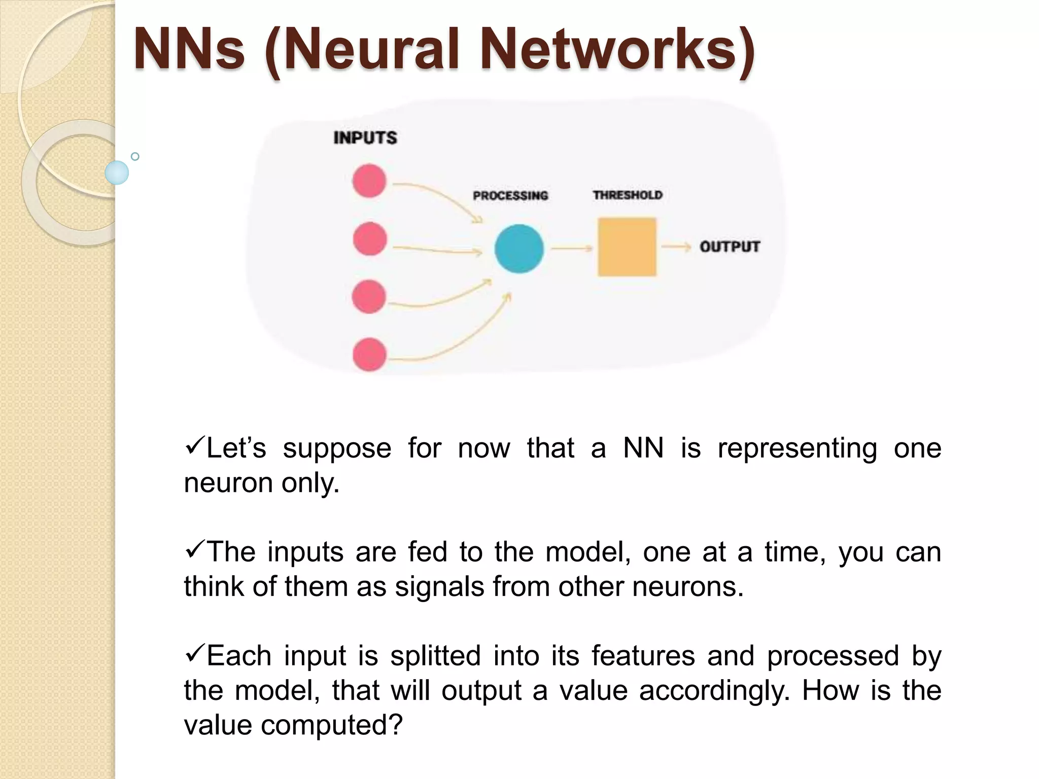 NNs (Neural Networks)
Let’s suppose for now that a NN is representing one
neuron only.
The inputs are fed to the model, one at a time, you can
think of them as signals from other neurons.
Each input is splitted into its features and processed by
the model, that will output a value accordingly. How is the
value computed?
 