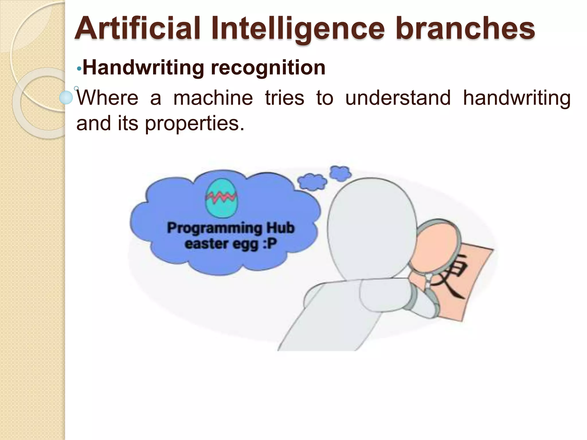 Artificial Intelligence branches
•Handwriting recognition
Where a machine tries to understand handwriting
and its properties.
 
