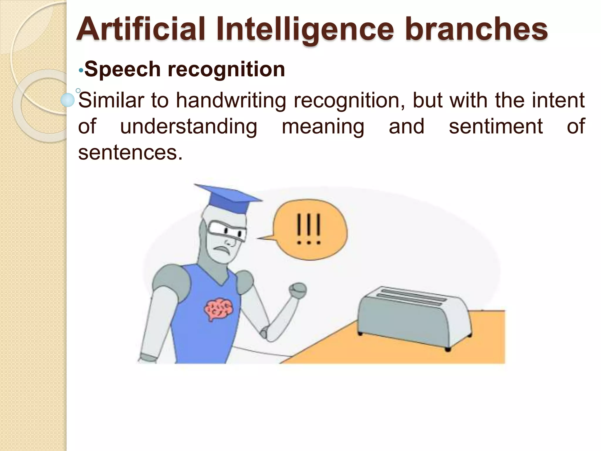Artificial Intelligence branches
•Speech recognition
Similar to handwriting recognition, but with the intent
of understanding meaning and sentiment of
sentences.
 