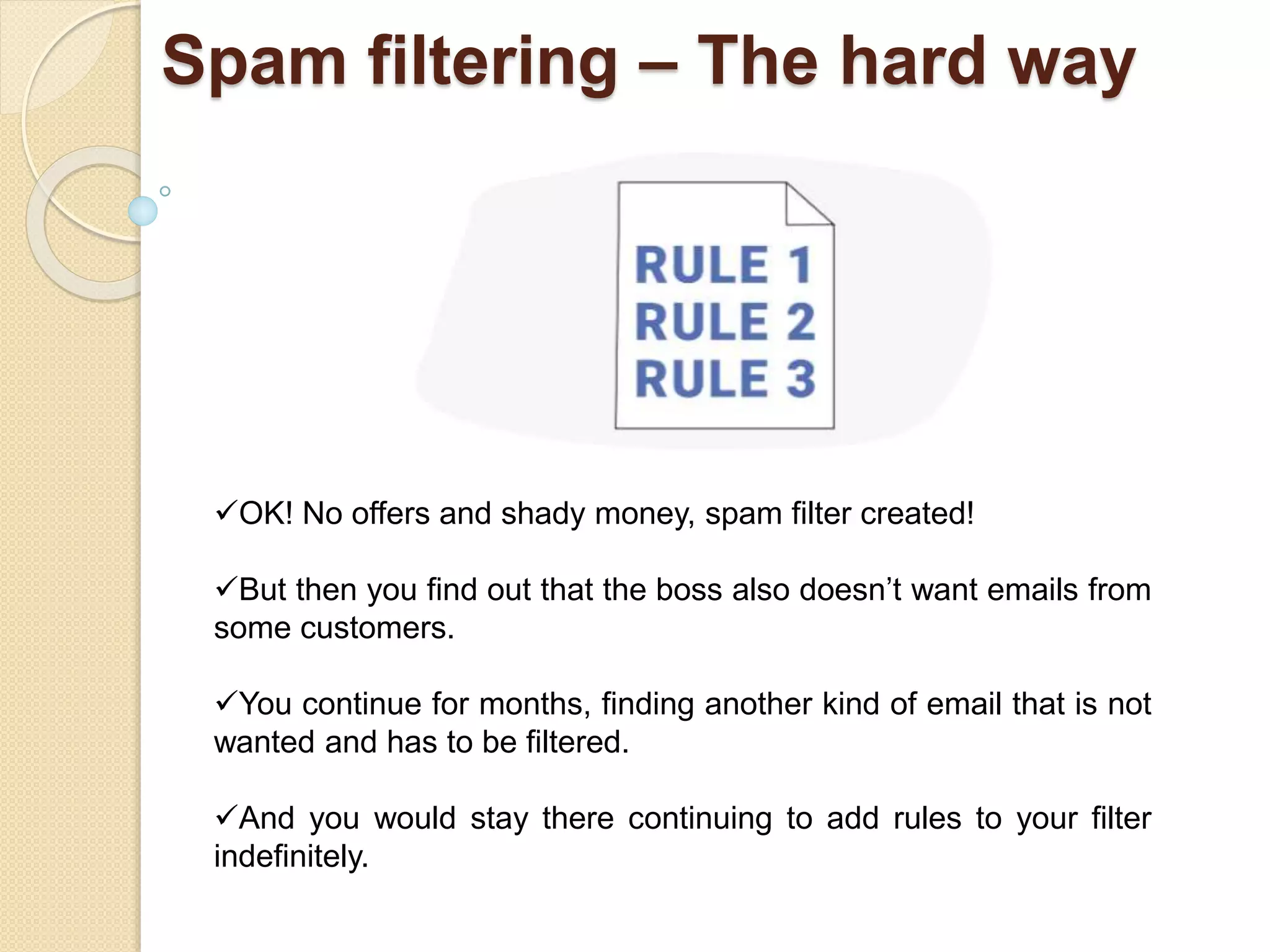 Spam filtering – The hard way
OK! No offers and shady money, spam filter created!
But then you find out that the boss also doesn’t want emails from
some customers.
You continue for months, finding another kind of email that is not
wanted and has to be filtered.
And you would stay there continuing to add rules to your filter
indefinitely.
 