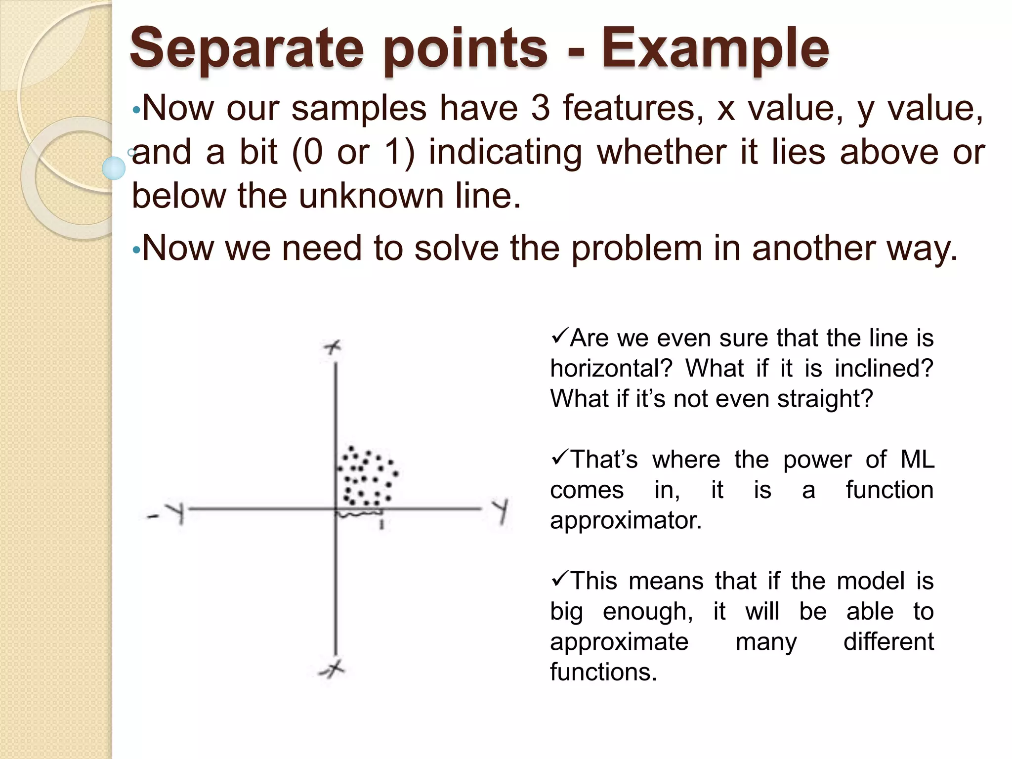 Separate points - Example
•Now our samples have 3 features, x value, y value,
and a bit (0 or 1) indicating whether it lies above or
below the unknown line.
•Now we need to solve the problem in another way.
Are we even sure that the line is
horizontal? What if it is inclined?
What if it’s not even straight?
That’s where the power of ML
comes in, it is a function
approximator.
This means that if the model is
big enough, it will be able to
approximate many different
functions.
 