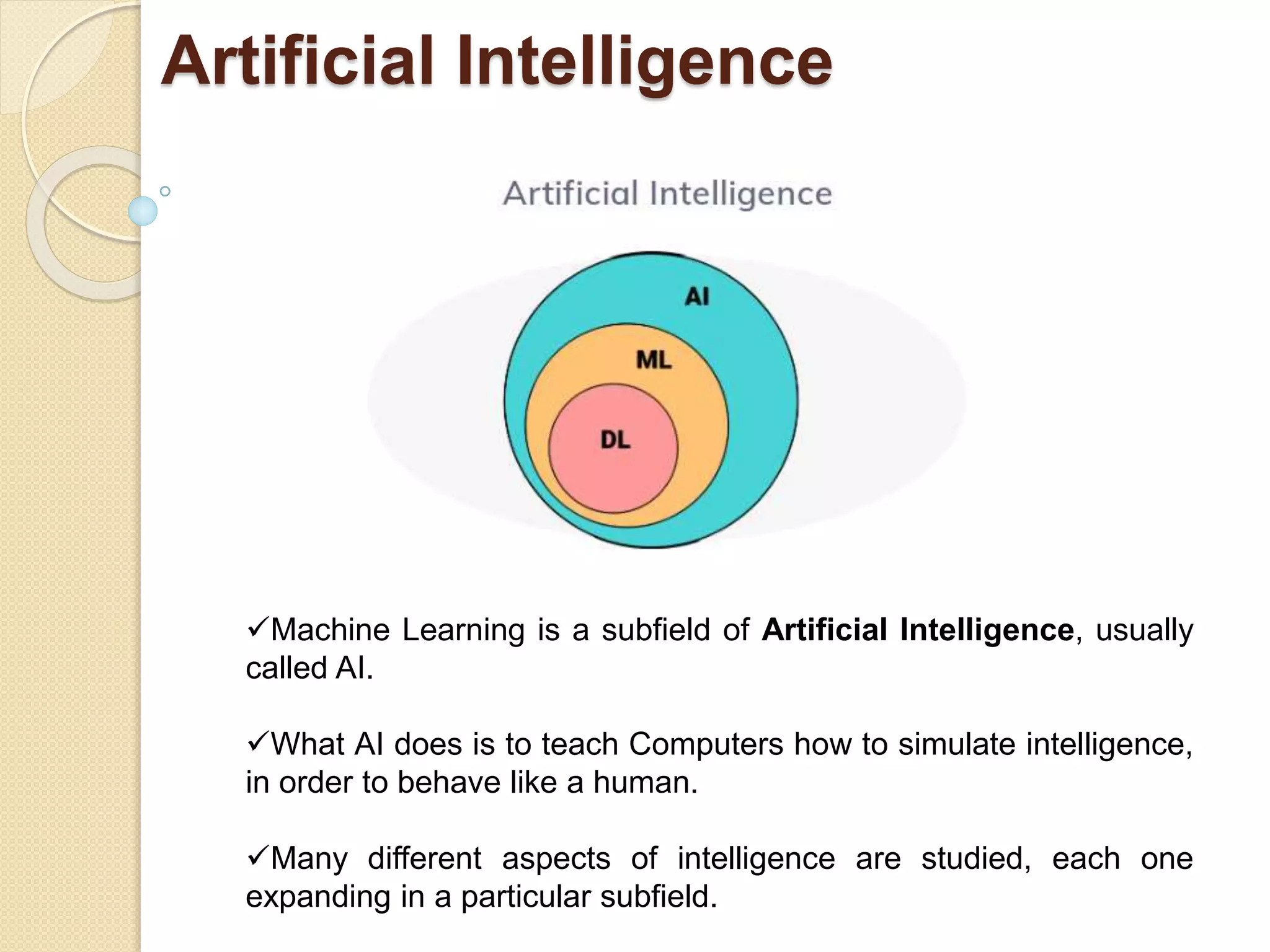 Artificial Intelligence
Machine Learning is a subfield of Artificial Intelligence, usually
called AI.
What AI does is to teach Computers how to simulate intelligence,
in order to behave like a human.
Many different aspects of intelligence are studied, each one
expanding in a particular subfield.
 