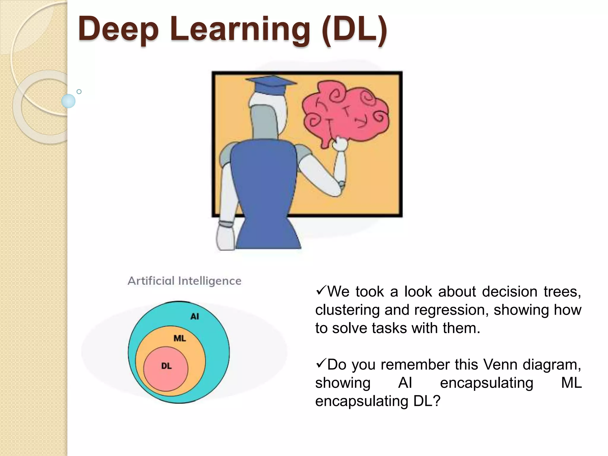 Deep Learning (DL)
We took a look about decision trees,
clustering and regression, showing how
to solve tasks with them.
Do you remember this Venn diagram,
showing AI encapsulating ML
encapsulating DL?
 