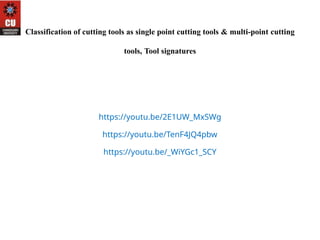 Classification of cutting tools as single point cutting tools & multi-point cutting
tools, Tool signatures
https://youtu.be/2E1UW_MxSWg
https://youtu.be/TenF4JQ4pbw
https://youtu.be/_WiYGc1_SCY
 