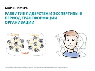 МОИ ПРИМЕРЫ
РАЗВИТИЕ ЛИДЕРСТВА И ЭКСПЕРТИЗЫ В
ПЕРИОД ТРАНСФОРМАЦИИ
ОРГАНИЗАЦИИ
Наталья Ядренцева, консультант по организационному развитию, фасилитатор
 