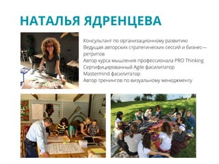 НАТАЛЬЯ ЯДРЕНЦЕВА
Консультант по организационному развитию
Ведущая авторских стратегических сессий и бизнес—
ретритов
Автор курса мышления профессионала PRO Thinking
Сертифицированный Agile фасилитатор
Mastermind фасилитатор
Автор тренингов по визуальному менеджменту
 