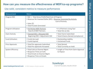 How can you measure the effectiveness of MDF/co-op programs?Use solid, consistent metrics to measure performance6© 2009 hawkeye, all rights reserved.  What are best practices in MDF/co-op funds?