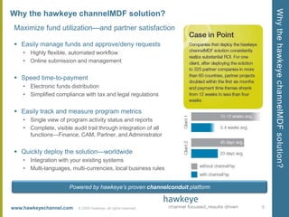 Why the hawkeye channelMDF solution?Maximize fund utilization—and partner satisfaction9© 2009 hawkeye, all rights reserved.  Easily manage funds and approve/deny requestsHighly flexible, automated workflowOnline submission and managementSpeed time-to-paymentElectronic funds distributionSimplified compliance with tax and legal regulationsEasily track and measure program metricsSingle view of program activity status and reportsComplete, visible audit trail through integration of all functions—Finance, CAM, Partner, and AdministratorQuickly deploy the solution—worldwide Integration with your existing systemsMulti-languages, multi-currencies, local business rulesWhy the hawkeye channelMDF solution?Powered by hawkeye’s proven channelconduit platform