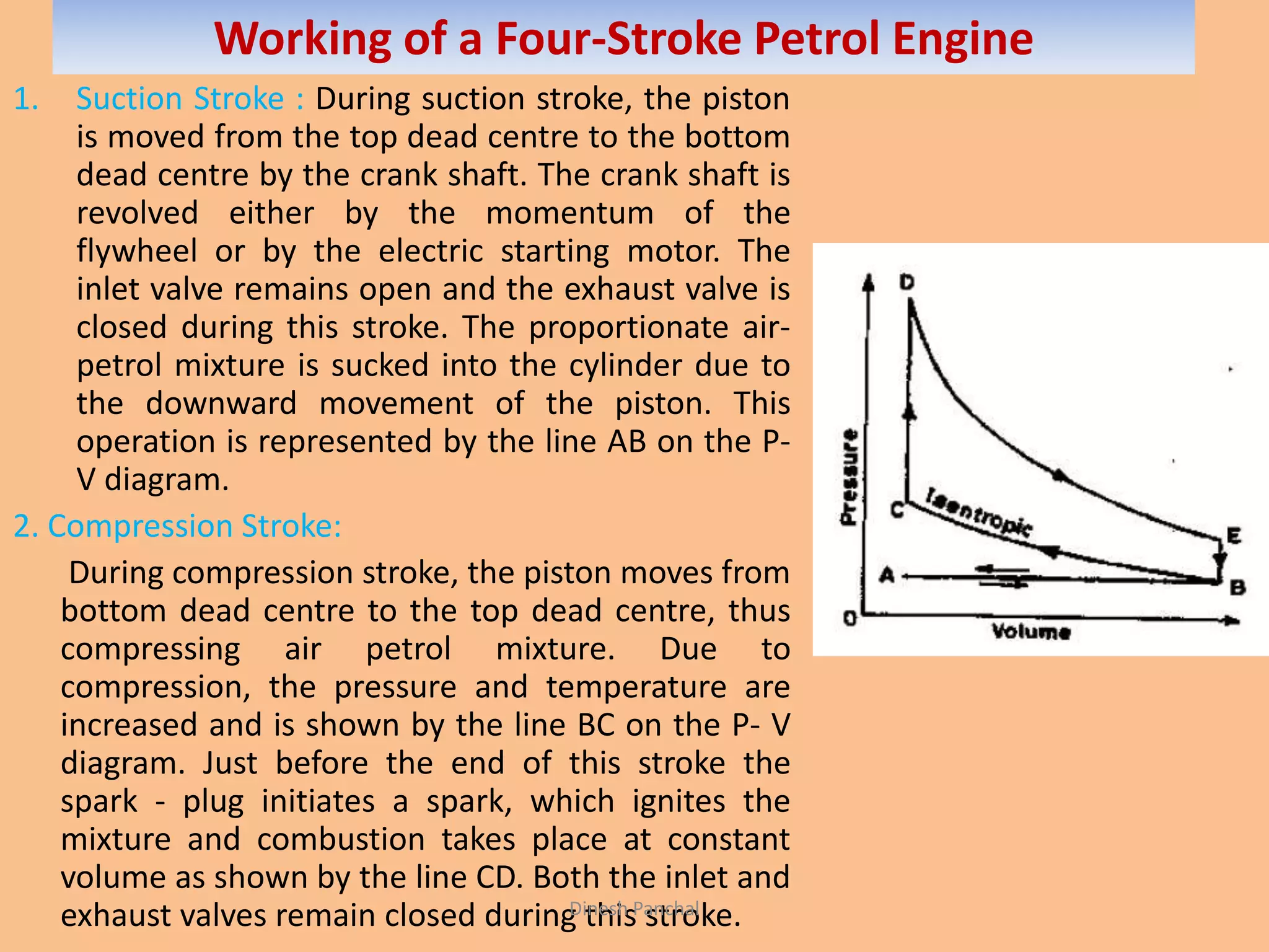 Working of a Four-Stroke Petrol Engine
1. Suction Stroke : During suction stroke, the piston
is moved from the top dead centre to the bottom
dead centre by the crank shaft. The crank shaft is
revolved either by the momentum of the
flywheel or by the electric starting motor. The
inlet valve remains open and the exhaust valve is
closed during this stroke. The proportionate air-
petrol mixture is sucked into the cylinder due to
the downward movement of the piston. This
operation is represented by the line AB on the P-
V diagram.
2. Compression Stroke:
During compression stroke, the piston moves from
bottom dead centre to the top dead centre, thus
compressing air petrol mixture. Due to
compression, the pressure and temperature are
increased and is shown by the line BC on the P- V
diagram. Just before the end of this stroke the
spark - plug initiates a spark, which ignites the
mixture and combustion takes place at constant
volume as shown by the line CD. Both the inlet and
exhaust valves remain closed during this stroke.Dinesh Panchal
 