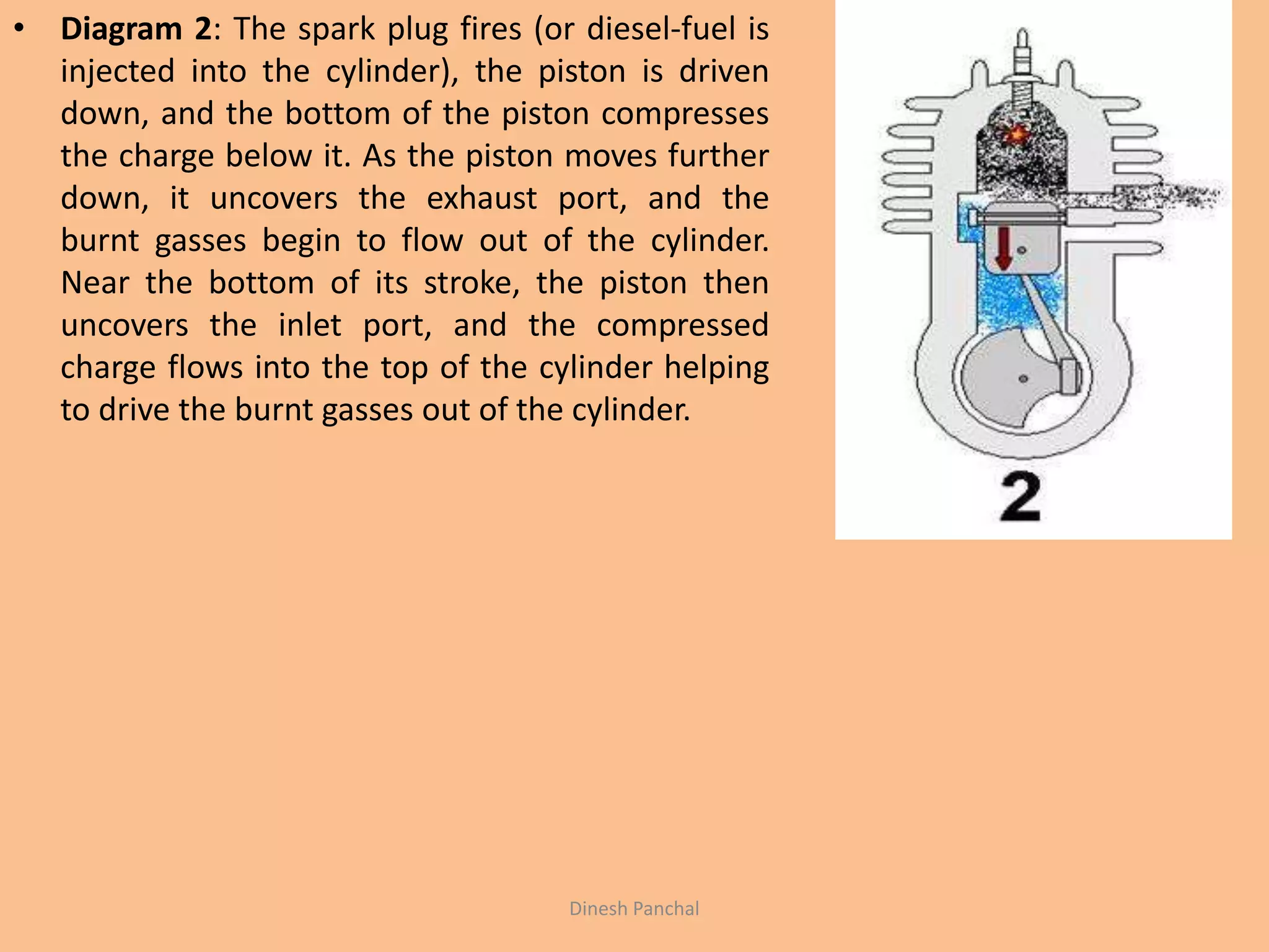• Diagram 2: The spark plug fires (or diesel-fuel is
injected into the cylinder), the piston is driven
down, and the bottom of the piston compresses
the charge below it. As the piston moves further
down, it uncovers the exhaust port, and the
burnt gasses begin to flow out of the cylinder.
Near the bottom of its stroke, the piston then
uncovers the inlet port, and the compressed
charge flows into the top of the cylinder helping
to drive the burnt gasses out of the cylinder.
Dinesh Panchal
 