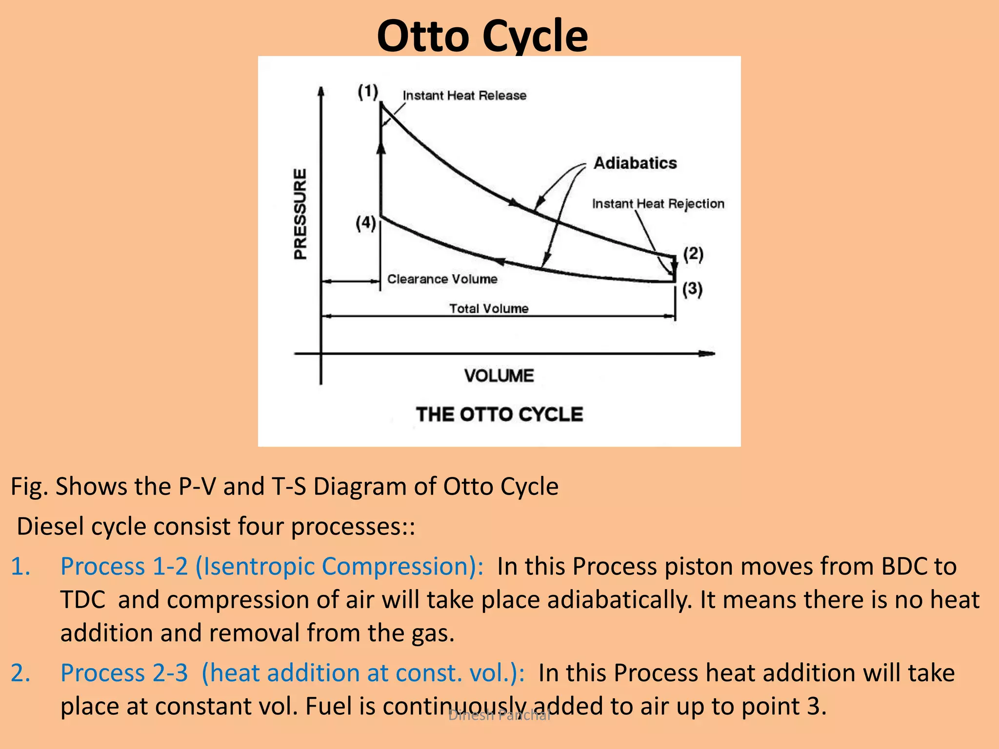 Otto Cycle
Fig. Shows the P-V and T-S Diagram of Otto Cycle
Diesel cycle consist four processes::
1. Process 1-2 (Isentropic Compression): In this Process piston moves from BDC to
TDC and compression of air will take place adiabatically. It means there is no heat
addition and removal from the gas.
2. Process 2-3 (heat addition at const. vol.): In this Process heat addition will take
place at constant vol. Fuel is continuously added to air up to point 3.Dinesh Panchal
 