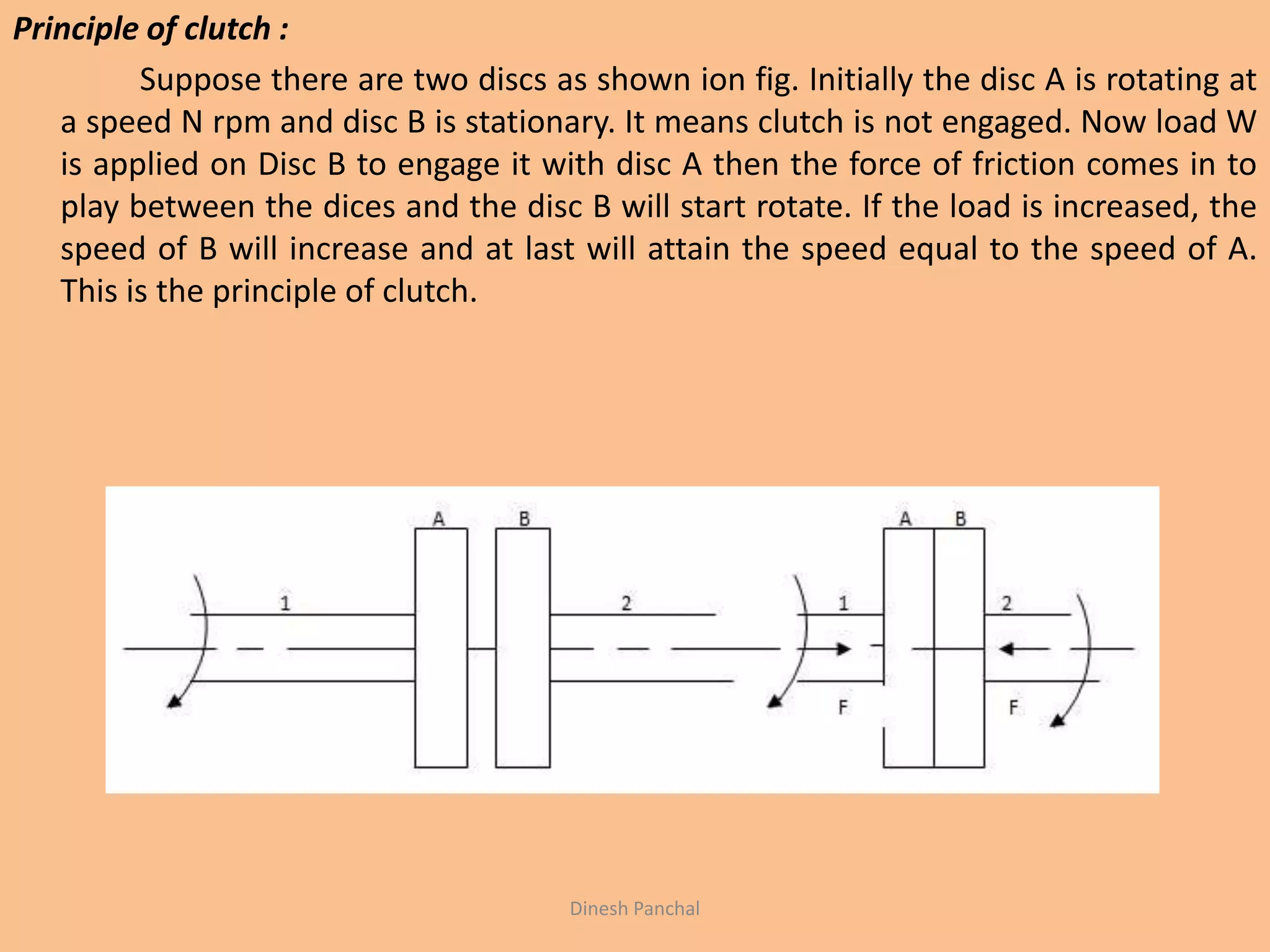Principle of clutch :
Suppose there are two discs as shown ion fig. Initially the disc A is rotating at
a speed N rpm and disc B is stationary. It means clutch is not engaged. Now load W
is applied on Disc B to engage it with disc A then the force of friction comes in to
play between the dices and the disc B will start rotate. If the load is increased, the
speed of B will increase and at last will attain the speed equal to the speed of A.
This is the principle of clutch.
Dinesh Panchal
 