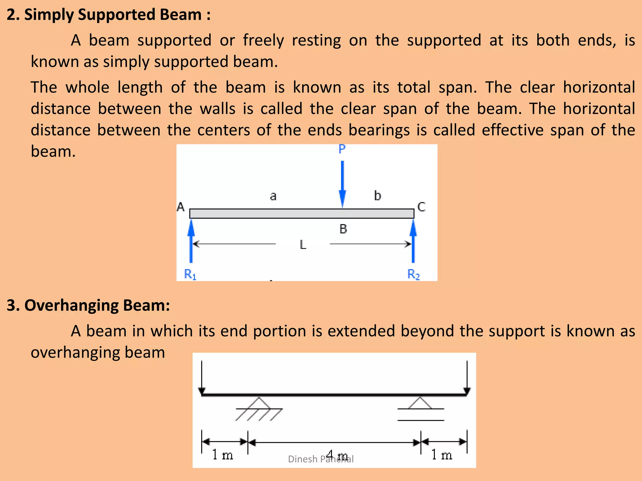 2. Simply Supported Beam :
A beam supported or freely resting on the supported at its both ends, is
known as simply supported beam.
The whole length of the beam is known as its total span. The clear horizontal
distance between the walls is called the clear span of the beam. The horizontal
distance between the centers of the ends bearings is called effective span of the
beam.
3. Overhanging Beam:
A beam in which its end portion is extended beyond the support is known as
overhanging beam
Dinesh Panchal
 