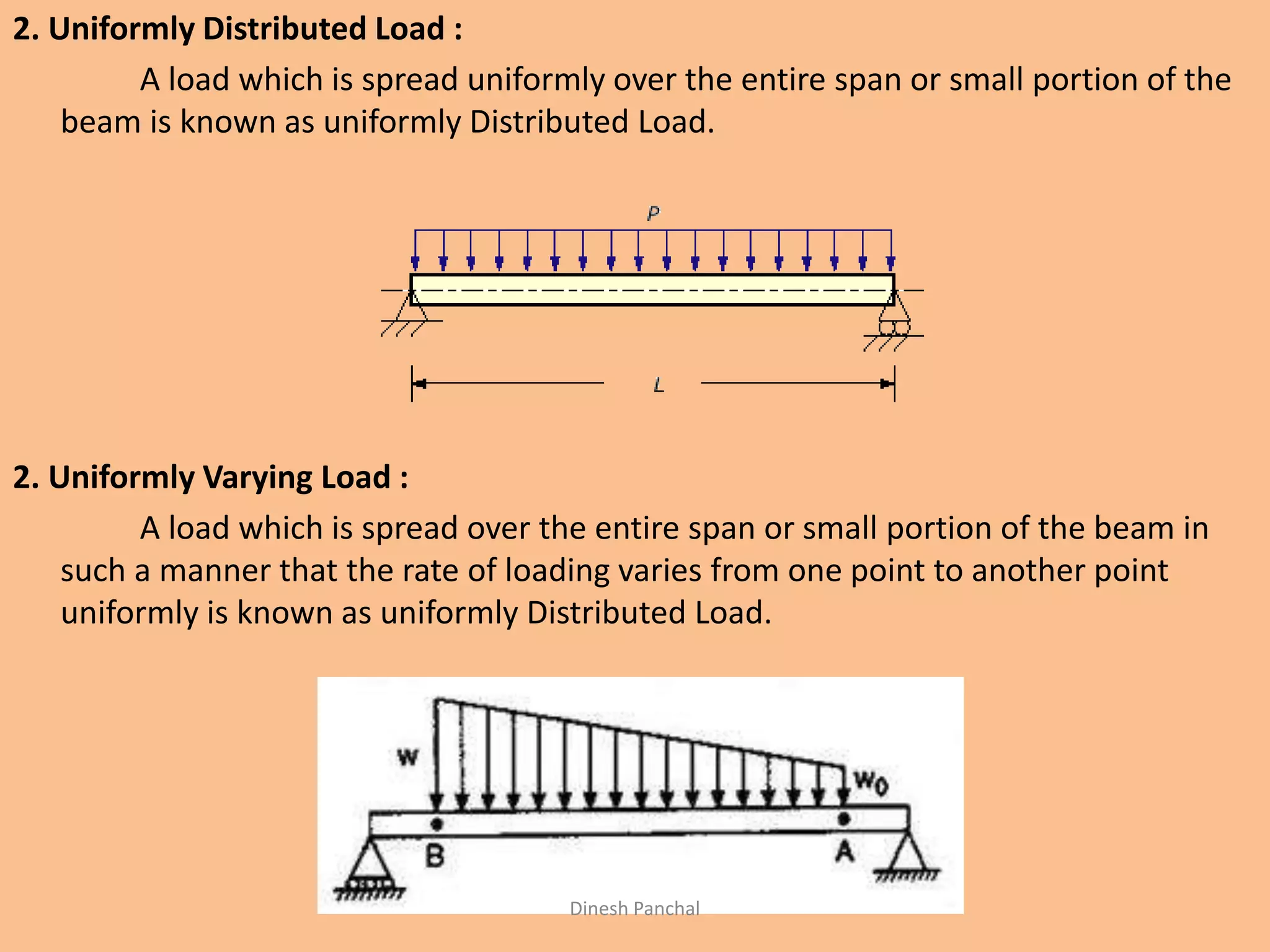 2. Uniformly Distributed Load :
A load which is spread uniformly over the entire span or small portion of the
beam is known as uniformly Distributed Load.
2. Uniformly Varying Load :
A load which is spread over the entire span or small portion of the beam in
such a manner that the rate of loading varies from one point to another point
uniformly is known as uniformly Distributed Load.
Dinesh Panchal
 