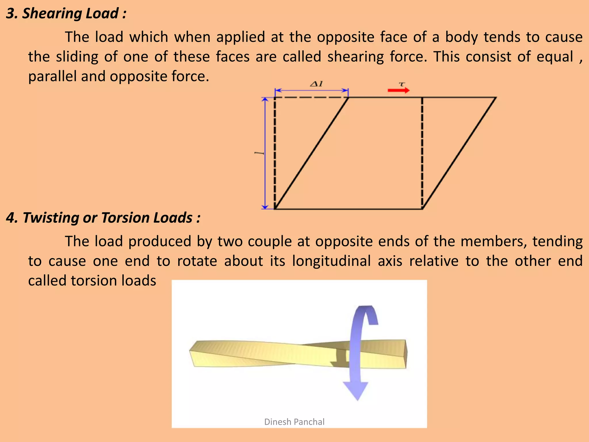 3. Shearing Load :
The load which when applied at the opposite face of a body tends to cause
the sliding of one of these faces are called shearing force. This consist of equal ,
parallel and opposite force.
4. Twisting or Torsion Loads :
The load produced by two couple at opposite ends of the members, tending
to cause one end to rotate about its longitudinal axis relative to the other end
called torsion loads
Dinesh Panchal
 