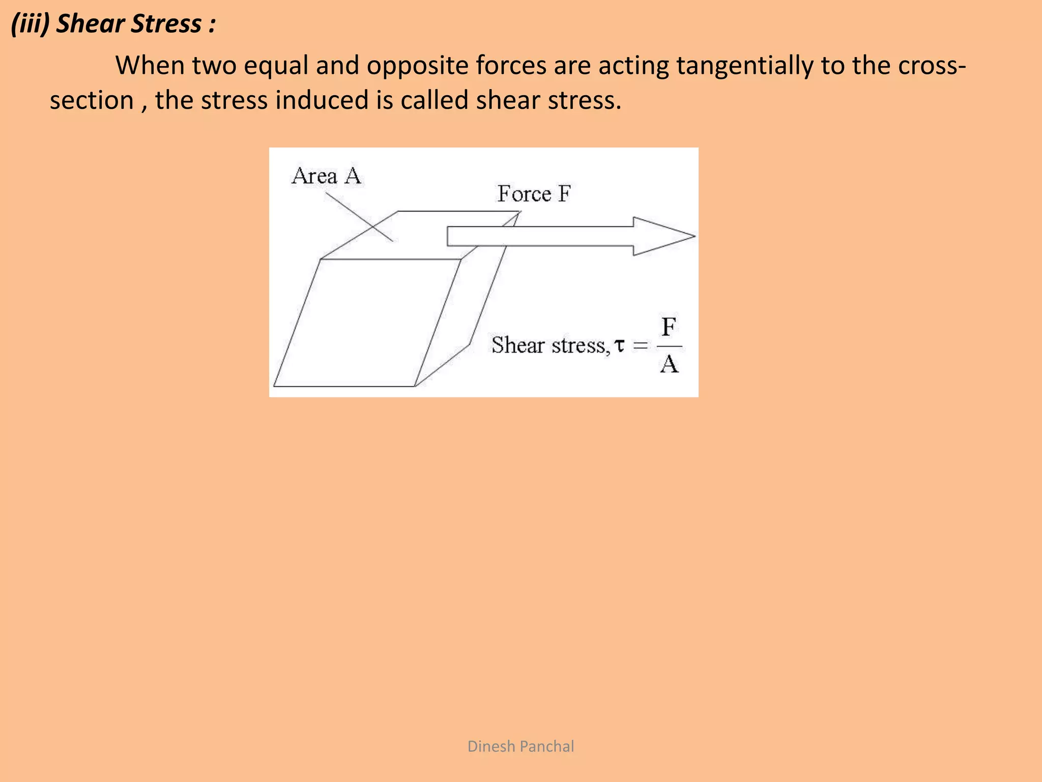 (iii) Shear Stress :
When two equal and opposite forces are acting tangentially to the cross-
section , the stress induced is called shear stress.
Dinesh Panchal
 