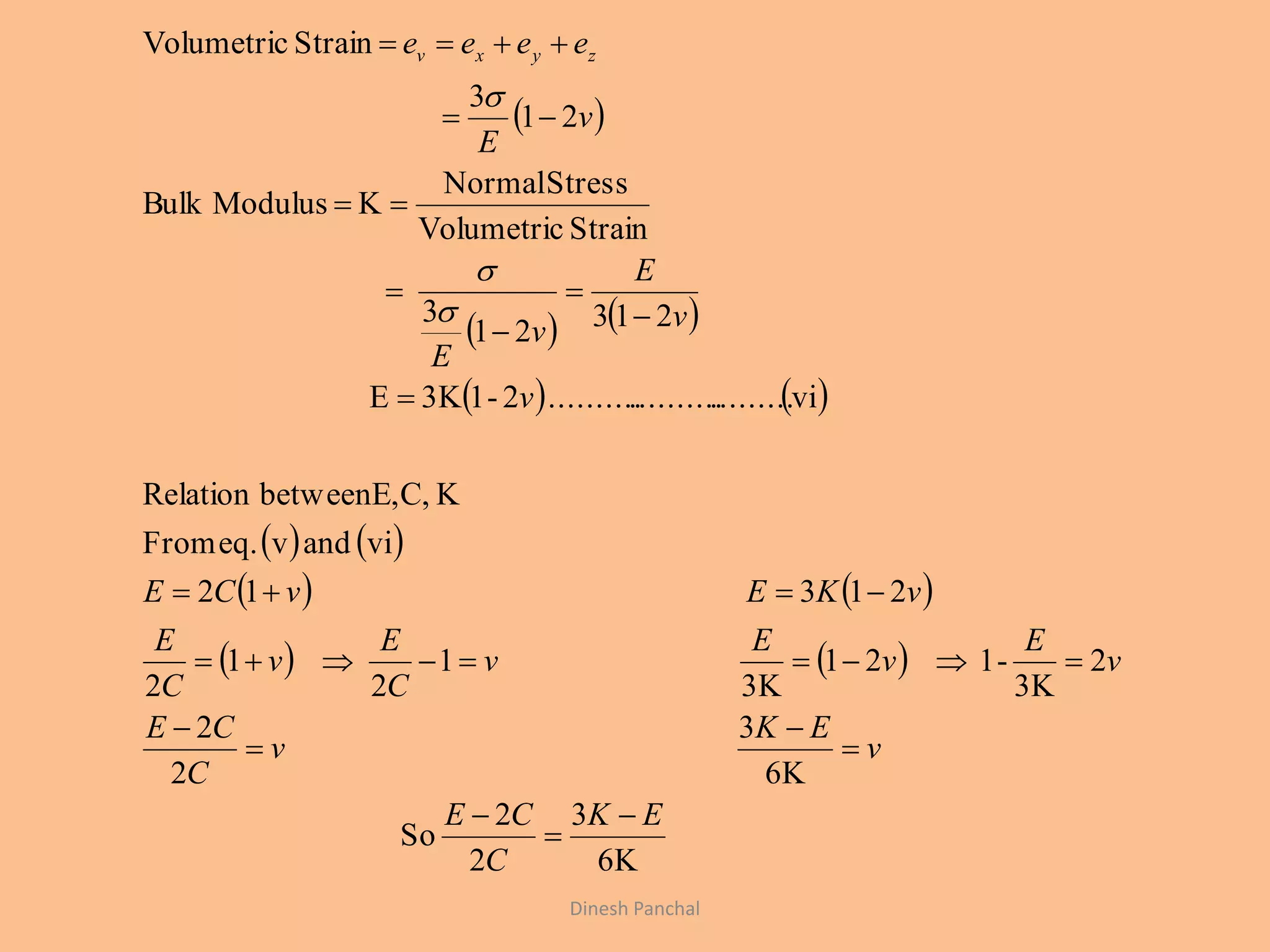  
   
   
   
   
   
6K
3
2
2
So
6K
3
2
2
2
3K
-121
3K
1
2
1
2
21312
viandveq.From
KC,betweenE,Relation
vi.............................2-13KE
21321
3
StrainVolumetric
StressNormal
KModulusBulk
21
3
StrainVolumetric
EK
C
CE
v
EK
v
C
CE
v
E
v
E
v
C
E
v
C
E
vKEvCE
v
v
E
v
E
v
E
eeee zyxv




















Dinesh Panchal
 