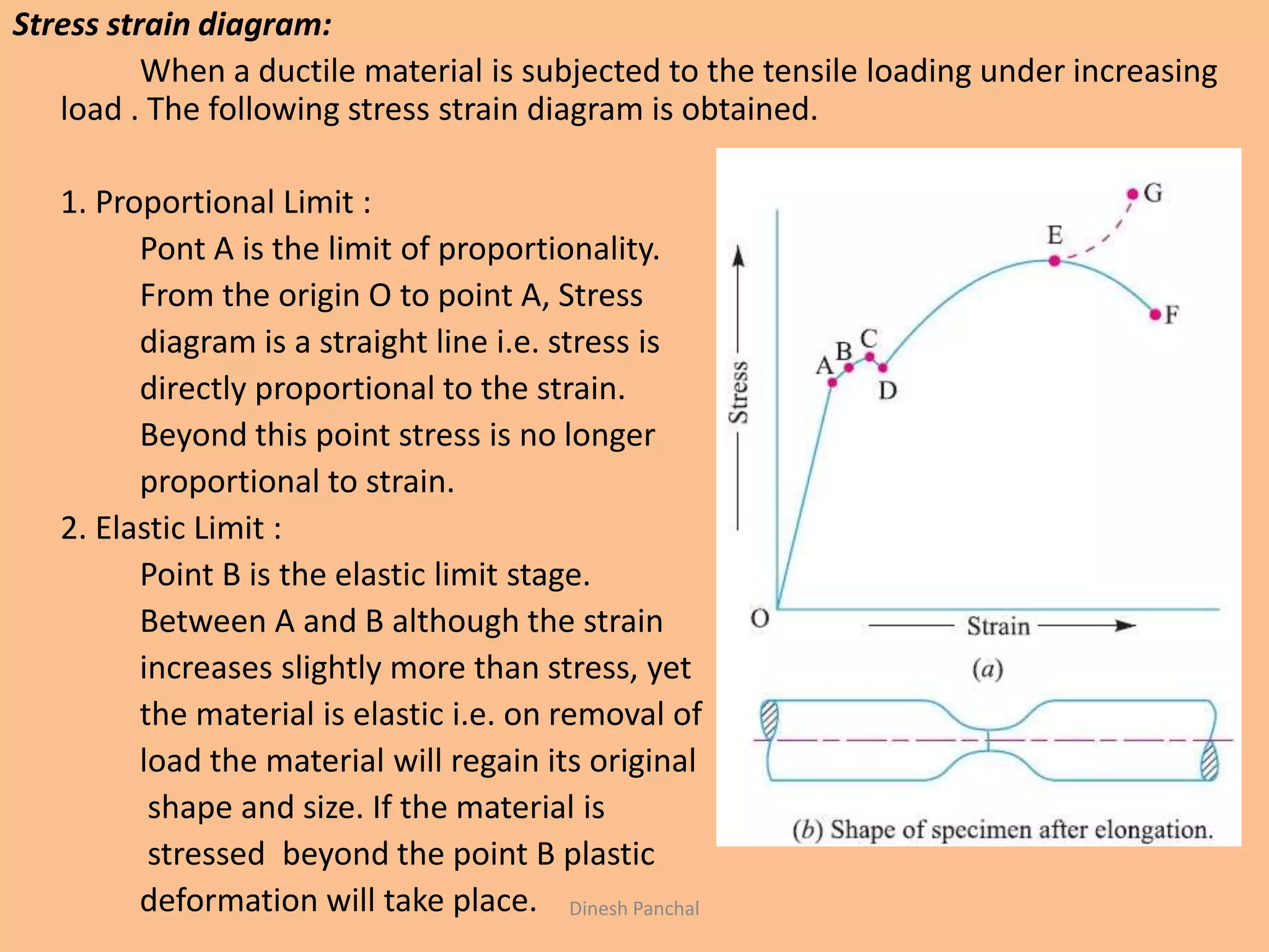 Stress strain diagram:
When a ductile material is subjected to the tensile loading under increasing
load . The following stress strain diagram is obtained.
1. Proportional Limit :
Pont A is the limit of proportionality.
From the origin O to point A, Stress
diagram is a straight line i.e. stress is
directly proportional to the strain.
Beyond this point stress is no longer
proportional to strain.
2. Elastic Limit :
Point B is the elastic limit stage.
Between A and B although the strain
increases slightly more than stress, yet
the material is elastic i.e. on removal of
load the material will regain its original
shape and size. If the material is
stressed beyond the point B plastic
deformation will take place. Dinesh Panchal
 