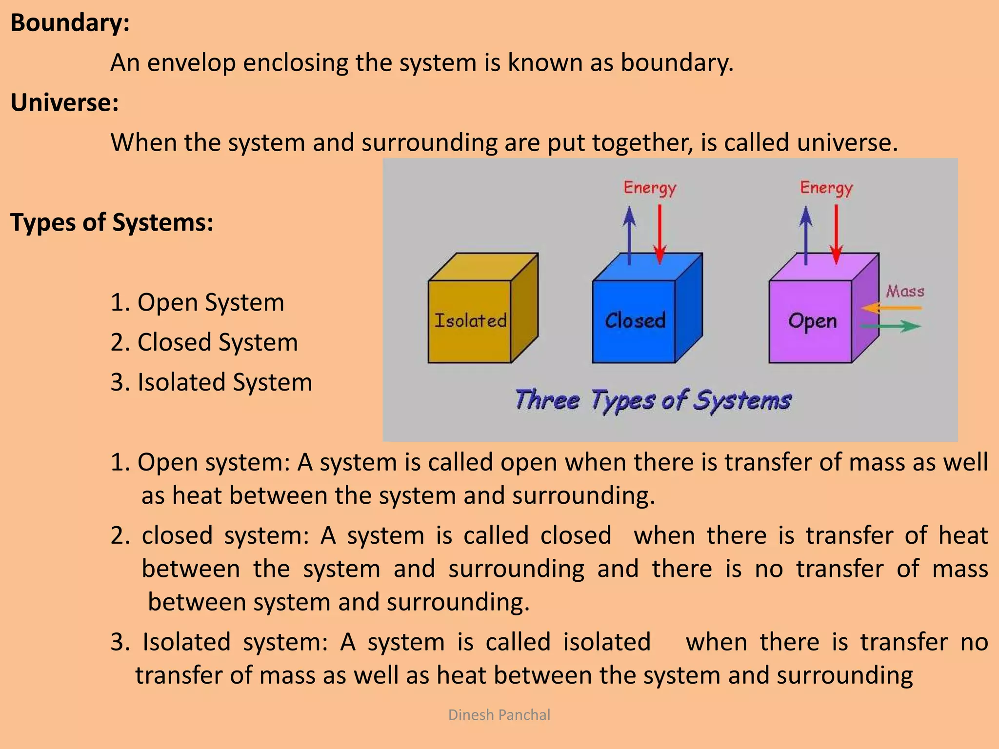 Boundary:
An envelop enclosing the system is known as boundary.
Universe:
When the system and surrounding are put together, is called universe.
Types of Systems:
1. Open System
2. Closed System
3. Isolated System
1. Open system: A system is called open when there is transfer of mass as well
as heat between the system and surrounding.
2. closed system: A system is called closed when there is transfer of heat
between the system and surrounding and there is no transfer of mass
between system and surrounding.
3. Isolated system: A system is called isolated when there is transfer no
transfer of mass as well as heat between the system and surrounding
Dinesh Panchal
 