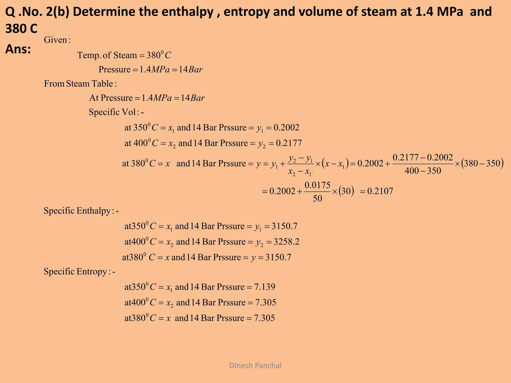 Q .No. 2(b) Determine the enthalpy , entropy and volume of steam at 1.4 MPa and
380 C
Ans:
Dinesh Panchal
   
 
305.7PrssureBar14andat380
305.7PrssureBar14andat400
139.7PrssureBar14andat350
-:EntropySpecific
7.3150PrssureBar14andat380
2.2583PrssureBar14andat400
7.1503PrssureBar14andat350
-:EnthalpySpecific
2107.030
50
0175.0
2002.0
350380
350400
2002.02177.0
2002.0PrssureBar14and380at
0.2177PrssureBar14and400at
0.2002PrssureBar14and350at
-:VolSpecific
144.1PressureAt
:TableSteamFrom
144.1Pressure
380SteamofTemp.
:Given
0
2
0
1
0
0
22
0
11
0
1
`12
12
1
0
22
0
11
0
0



















xC
xC
xC
yxC
yxC
yxC
xx
xx
yy
yyxC
yxC
yxC
BarMPa
BarMPa
C
 