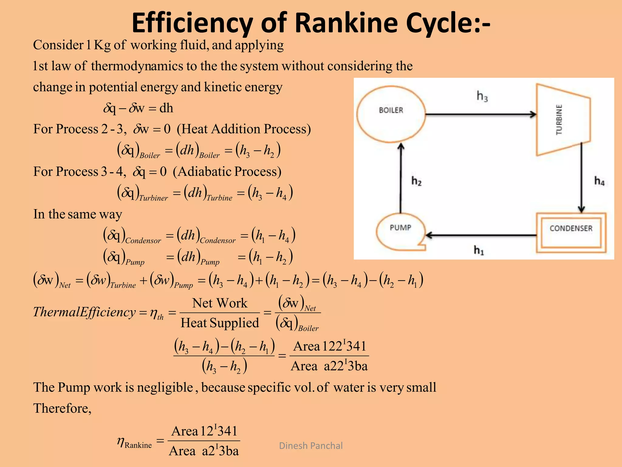 Efficiency of Rankine Cycle:-
Dinesh Panchal
     
     
     
     
             
 
 
   
 
3baa2Area
34112Area
Therefore,
smallveryiswaterofvol.specificbecause,negligibleisworkPumpThe
3baa22Area
341122Area
q
w
SuppliedHeat
Net Work
w
q
q
waysameIn the
q
Process)(Adiabatic0q4,-3ProcessFor
q
Process)Addition(Heat0w3,-2ProcessFor
dhwq
energykineticandenergypotentialinchange
thegconsiderinwithoutsystemthethetoamicsthermodynoflaw1st
applyingandfluid,workingofKg1Consider
I
I
Rankine
I
I
23
1243
12432143
21
41
43
23

























hh
hhhh
iciencyThermalEff
hhhhhhhhww
hhdh
hhdh
hhdh
hhdh
Boiler
Net
th
PumpTurbineNet
PumpPump
CondensorCondensor
TurbineTurbiner
BoilerBoiler
 